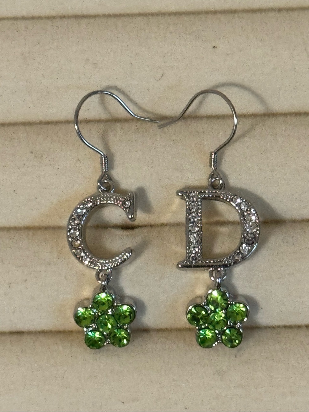 Silver Initial C & D Earrings with Green Crystal Flower Drops